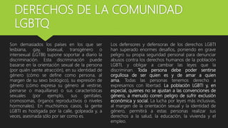 DERECHOS DE LA COMUNIDAD
LGBTQ
Son demasiados los países en los que ser
lesbiana, gay, bisexual, transgénero o
intersexual (LGTBI) supone soportar a diario la
discriminación. Esta discriminación puede
basarse en la orientación sexual de la persona
(por quién siente atracción), en su identidad de
género (cómo se define como persona, al
margen de su sexo biológico), su expresión de
género (cómo expresa su género al vestirse,
peinarse o maquillarse) o sus características
sexuales (por ejemplo, sus genitales,
cromosomas, órganos reproductivos o niveles
hormonales). En muchísimos casos, la gente
LGBTI es hostigada por la calle, golpeada y, a
veces, asesinada sólo por ser como es.
Los defensores y defensoras de los derechos LGBTI
han superado enormes desafíos, poniendo en grave
peligro su propia seguridad personal para denunciar
abusos contra los derechos humanos de la población
LGBTI, y obligar a cambiar las leyes que la
discriminan. Toda persona debe poder sentirse
orgullosa de ser quien es y de amar a quien
ama. Todas las personas tenemos derecho a
expresarnos con libertad. La población LGBTI y, en
especial, quienes no se ajustan a las convenciones de
género, a menudo corren peligro de sufrir exclusión
económica y social. La lucha por leyes más inclusivas,
al margen de la orientación sexual y la identidad de
género, permitirá a estas personas realizar sus
derechos a la salud, la educación, la vivienda y el
empleo.
 