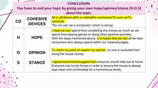 CONCLUSION:
You have to end your topic by giving your own hope/opinion/stance [H.O.S]
about the topic.
CO
COHESIVE
DEVICES
All in all/Above all/In a nutshell/In conclusion/To sum up/To
conclude
*Do not use “as a conclusion” which is wrong.
H
O
S
HOPE
OPINION
STANCE
I hope we can spend time completing the chores as much as we
spend time playing games or doing other pastime activities.
With the steps mentioned above, it is hoped that we can all be wise
consumers who always spend within our means/budgets.
To me/In my point of view/In my opinion, no one is excluded from
doing the house chores.
I agree/recommend/suggest that everyone should help out at home.
Everyone has to join forces in order to ensure the house is always
kept clean and comfortable for a harmonious family.
 