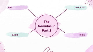 The
formulas in
Part 2
I.B.C CO.F.F.E.E
H.O.S
Q.I.D.S
 