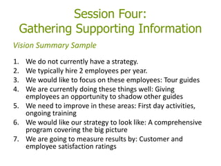 Session Four:
Gathering Supporting Information
1. We do not currently have a strategy.
2. We typically hire 2 employees per year.
3. We would like to focus on these employees: Tour guides
4. We are currently doing these things well: Giving
employees an opportunity to shadow other guides
5. We need to improve in these areas: First day activities,
ongoing training
6. We would like our strategy to look like: A comprehensive
program covering the big picture
7. We are going to measure results by: Customer and
employee satisfaction ratings
Vision Summary Sample
 