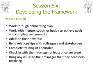 Session Six:
Developing the Framework
• Work through onboarding plan
• Work with mentor, coach, or buddy to achieve goals
and complete assignments
• Adapt to their new role
• Build relationships with colleagues and stakeholders
• Complete training (if applicable)
• Check in with their manager at least once per week
• Bring any issues to their manager that they need help
resolving
Month One (I)
 