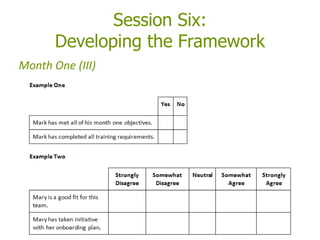 Session Six:
Developing the Framework
Month One (III)
 