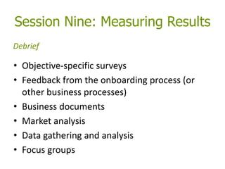 Session Nine: Measuring Results
• Objective-specific surveys
• Feedback from the onboarding process (or
other business processes)
• Business documents
• Market analysis
• Data gathering and analysis
• Focus groups
Debrief
 