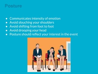 Posture
● Communicates intensity of emotion
● Avoid slouching your shoulders
● Avoid shifting from foot to foot
● Avoid drooping your head
● Posture should reflect your interest in the event
 