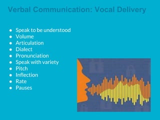 Verbal Communication: Vocal Delivery
● Speak to be understood
● Volume
● Articulation
● Dialect
● Pronunciation
● Speak with variety
● Pitch
● Inflection
● Rate
● Pauses
 