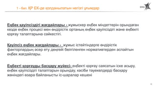 11
1 - бап. ҚР ЕК-де қолданылатын негізгі ұғымдар
Еңбек қауіпсіздігі жағдайлары - жұмыскер еңбек міндеттерін орындаған
кезде еңбек процесі мен өндірістік ортаның еңбек қауіпсіздігі және еңбекті
қорғау талаптарына сәйкестігі.
Қауіпсіз еңбек жағдайлары - жұмыс істейтіндерге өндірістік
факторлардың әсер ету деңгейі белгіленген нормативтерден аспайтын
еңбек жағдайлары.
Еңбекті қорғауды басқару жүйесі- еңбекті қорғау саясатын іске асыру,
еңбек қауіпсіздігі талаптарын орындау, кәсіби тәуекелдерді басқару
жөніндегі өзара байланысты іс-шаралар кешені
 