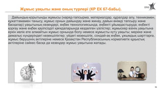 54
Дайындық-қорытынды жұмысы (наряд-тапсырма, материалдар, құралдар алу, техникамен,
құжаттамамен танысу, жұмыс орнын дайындау және жинау, дайын өнімді тапсыру және
басқалар) уақытының кезеңдері, еңбек технологиясында, еңбекті ұйымдастыруда; еңбекті
қорғау және еңбек қауіпсіздігі қағидаларында көзделген үзілістер; жұмыскер өзінің уақытына
еркін иелік ете алмайтын жұмыс орнында болу немесе жұмысты күту уақыты; мереке және
демалыс күндеріндегі кезекшіліктер; үйдегі кезекшілік, сондай-ақ еңбек, ұжымдық шарттарға,
жұмыс берушінің актілеріне немесе Қазақстан Республикасының нормативтік құқықтық
актілеріне сәйкес басқа да кезеңдер жұмыс уақытына жатады.
Жұмыс уақыты және оның түрлері (КР ЕК 67-бабы).
 