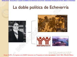 GRUPO GUTE: EXCELENCIA Y CALIDAD ACADÉMICA EN SERVICIOS EDUCATIVOS. ASESORÍAS INTEGRALES DE NIVEL BÁSICO A POSGRADO




                                              -
                 La doble política de Echeverría
                                            x
                                        . m
                                     om
                                  .c
                             u te
                          .g
                        w
                      w
                  - w                                                Grupo GUTE: www.gute.com.mx;56-59-
                                                                     67-97 y 56-58-43-41 ¡Tu mejor opción
  Grupo GUTE: ¡Tu ingreso a la UNAM! Asesores con Posgrado en todas las materias. Autor: Mtro. Macario Matus
                                                                     educativa!
 