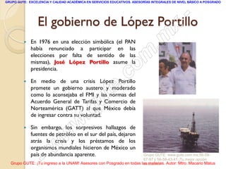 GRUPO GUTE: EXCELENCIA Y CALIDAD ACADÉMICA EN SERVICIOS EDUCATIVOS. ASESORÍAS INTEGRALES DE NIVEL BÁSICO A POSGRADO




                                             -
                 El gobierno de López Portillo
                                           x
         
                                       . m
             En 1976 en una elección simbólica (el PAN
             había renunciado a participar en las


                                    om
             elecciones por falta de sentido de las
             mismas), José López Portillo asume la


                                 .c
             presidencia.



                               te
            En medio de una crisis López Portillo
             promete un gobierno austero y moderado


                             u
             como lo aconsejaba el FMI y las normas del
             Acuerdo General de Tarifas y Comercio de

                           g
                          .
             Norteamérica (GATT) al que México debía
             de ingresar contra su voluntad.

         
                        w
             Sin embargo, los sorpresivos hallazgos de

                      w
             fuentes de petróleo en el sur del país, dejaron
             atrás la crisis y los préstamos de los


                  - w
             organismos mundiales hicieron de México un
             país de abundancia aparente.                            Grupo GUTE: www.gute.com.mx;56-59-
                                                                     67-97 y 56-58-43-41 ¡Tu mejor opción
  Grupo GUTE: ¡Tu ingreso a la UNAM! Asesores con Posgrado en todas las materias. Autor: Mtro. Macario Matus
                                                                     educativa!
 
