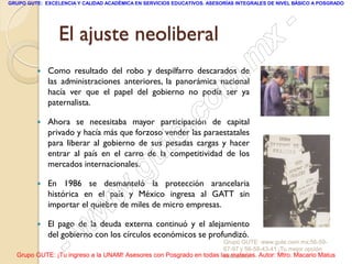 GRUPO GUTE: EXCELENCIA Y CALIDAD ACADÉMICA EN SERVICIOS EDUCATIVOS. ASESORÍAS INTEGRALES DE NIVEL BÁSICO A POSGRADO




                 El ajuste neoliberal                                                            -
                                                                                          x
            Como resultado del robo y despilfarro descarados de
                                                                                 . m
             las administraciones anteriores, la panorámica nacional
             hacía ver que el papel del gobierno no podía ser ya
             paternalista.
                                                                   om
         
                                                         .
             Ahora se necesitaba mayor participación de capital  c
                                                       te
             privado y hacía más que forzoso vender las paraestatales
             para liberar al gobierno de sus pesadas cargas y hacer

             mercados internacionales.
                                             g u
             entrar al país en el carro de la competitividad de los


                                           .
             En 1986 se desmanteló la protección arancelaria

                                     w
             histórica en el país y México ingresa al GATT sin


                               w
             importar el quiebre de miles de micro empresas.

         



                    - w
             El pago de la deuda externa continuó y el alejamiento
             del gobierno con los círculos económicos se profundizó.
                                                                     Grupo GUTE: www.gute.com.mx;56-59-
                                                                     67-97 y 56-58-43-41 ¡Tu mejor opción
  Grupo GUTE: ¡Tu ingreso a la UNAM! Asesores con Posgrado en todas las materias. Autor: Mtro. Macario Matus
                                                                     educativa!
 