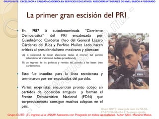 GRUPO GUTE: EXCELENCIA Y CALIDAD ACADÉMICA EN SERVICIOS EDUCATIVOS. ASESORÍAS INTEGRALES DE NIVEL BÁSICO A POSGRADO




                 La primer gran escisión del PRI                                                 -
                                                                                          x
            En 1987 la autodenominada “Corriente
             Democrática”       del     PRI  encabezada     por                       . m
             Cuauhtémoc Cárdenas (hijo del General Lázaro
             Cárdenas del Río) y Porfirio Muñoz Ledo hacen
                                                                         om
             críticas al presidencialismo mexicano y plantean:

                                                               .       c
              A) la necesidad de tener elecciones reales al interior del partido




                                                             te
                 (abandonar el tradicional dedazo presidencial).
              B) un regreso de las políticas y riendas del partido a las bases (neo



                                                  u
                 cardenismo).


         


                                               .g
             Esto fue inaudito para la línea tecnócrata y
             terminaron por ser expulsados del partido.

         
                                        w
             Varios ex-priístas encuentran pronto cobijo en


                                 w
             partidos de oposición antiguos y forman el
             Frente Democrático Nacional (FDN) que

             país.

                     - w
             sorpresivamente consigue muchos adeptos en el
                                                                     Grupo GUTE: www.gute.com.mx;56-59-
                                                                     67-97 y 56-58-43-41 ¡Tu mejor opción
  Grupo GUTE: ¡Tu ingreso a la UNAM! Asesores con Posgrado en todas las materias. Autor: Mtro. Macario Matus
                                                                     educativa!
 