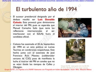 GRUPO GUTE: EXCELENCIA Y CALIDAD ACADÉMICA EN SERVICIOS EDUCATIVOS. ASESORÍAS INTEGRALES DE NIVEL BÁSICO A POSGRADO




                 El turbulento año de 1994                                                       -
                                                                                          x
            El sucesor presidencial designado por el
             dedazo resultó ser Luis Donaldo
                                                                                 . m
             Colosio. Esto provocó gran divisionismo
             al interior del PRI, pues se esperaba que
             Manuel Camacho Solís (que tenía los
                                                                   om
             reflectores    internacionales   al
             interlocutor con el EZLN) fuera el
                                                   ser
                                                         .       c
             candidato oficial.


                                               u       te
         


                                            .g
             Colosio fue asesinado el 28 de Septiembre
             de 1994 en un acto político en Lomas
             Taurinas en condiciones sospechosas. Este

                                     w
             hecho junto con el asesinato de José


                               w
             Francisco Ruíz Massieu (colaborador
             cercano de CSG) puso de manifiesto la


             Obregón.
                      w
             lucha al interior del PRI en canales que no
             se veían desde los tiempos de Calles y

                    -                                                Grupo GUTE: www.gute.com.mx;56-59-
                                                                     67-97 y 56-58-43-41 ¡Tu mejor opción
  Grupo GUTE: ¡Tu ingreso a la UNAM! Asesores con Posgrado en todas las materias. Autor: Mtro. Macario Matus
                                                                     educativa!
 