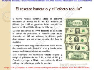GRUPO GUTE: EXCELENCIA Y CALIDAD ACADÉMICA EN SERVICIOS EDUCATIVOS. ASESORÍAS INTEGRALES DE NIVEL BÁSICO A POSGRADO




                 El rescate bancario y el “efecto tequila”                                        -
                                                                                           x
            El nuevo rescate bancario adosó al gobierno
                                                                                 . m
             mexicano un monto de 91 mil 300 millones de
             dólares (en 1992 el gobierno había vendido los
             bancos en 12 mil 300 millones de dólares).
                                                                   om
         

                                                         .
             La crisis económica de 1994 despertó en el mundo
             el temor de préstamos a México, cuya deuda          c
                                               u       te
             alcanzaba los 142 mil millones de dólares, podía
             desencadenar una retracción mundial del flujo de
             capitales.
         
                                            .g
             Las repercusiones negativas fueron un retiro masivo
             de capitales en todo América Latina y demás países

                                     w
             tercermundistas (en vías de desarrollo).
         

                               w
             Este fenómeno fue nombrado “efecto tequila” y
             obligó al gobierno de los E. U., al FMI, al BM y a



                    - w
             Canadá a otorgar a México un crédito de 48 mil
             millones de dólares para salir de su crisis.    Grupo GUTE: www.gute.com.mx;56-59-
                                                                         67-97 y 56-58-43-41 ¡Tu mejor opción
  Grupo GUTE: ¡Tu ingreso a la UNAM! Asesores con Posgrado en todas las materias. Autor: Mtro. Macario Matus
                                                                     educativa!
 