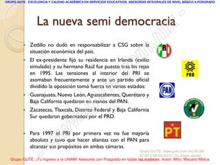 GRUPO GUTE: EXCELENCIA Y CALIDAD ACADÉMICA EN SERVICIOS EDUCATIVOS. ASESORÍAS INTEGRALES DE NIVEL BÁSICO A POSGRADO




                 La nueva semi democracia                                                        -
                                                                                          x
            Zedillo no dudó en responsabilizar a CSG sobre la                   . m
         
             situación económica del país.
             El ex-presidente fijó su residencia en Irlanda (exilio
                                                                   om
                                                         .
             en 1995. Las tensiones al interior del PRI se
                                                                 c
             simulado) y su hermano Raúl fue puesto tras las rejas




                                                       te
             asomaban frecuentemente y ante un partido oficial
             dividido la oposición tomó fuerza en varios estados:
         


                                             g u
             Guanajuato, Nuevo León, Aguascalientes, Querétaro y
             Baja California quedaron en manos del PAN.
         
                                            .
             Zacatecas, Tlaxcala, Distrito Federal y Baja California


                                     w
             Sur quedaron gobernados por el PRD.


         
                               w
             Para 1997 el PRI por primera vez no fue mayoría

                      w
             absoluta y tuvo que hacer alianzas con el PAN para
             alcanzar sus propósitos en ambas cámaras.

                    -                                                Grupo GUTE: www.gute.com.mx;56-59-
                                                                     67-97 y 56-58-43-41 ¡Tu mejor opción
  Grupo GUTE: ¡Tu ingreso a la UNAM! Asesores con Posgrado en todas las materias. Autor: Mtro. Macario Matus
                                                                     educativa!
 