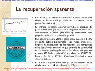GRUPO GUTE: EXCELENCIA Y CALIDAD ACADÉMICA EN SERVICIOS EDUCATIVOS. ASESORÍAS INTEGRALES DE NIVEL BÁSICO A POSGRADO




                 La recuperación aparente                                                         -
                                                                                           x
                                      
                                                                                 . m
                                          Para 1996-2000 la economía mexicana volvió a crecer a un
                                          ritmo de 5.4 % anual (el doble del crecimiento de la

                                      
                                          población mexicana).

                                                                   om
                                          La entrada de capital externo permitió la apertura de


                                                         .       c
                                          puestos laborales que junto con el Programa de Educación,
                                          Alimentación y Salud (PROGRESA) permitieron una


                                                       te
                                          pequeña mejoría en la población general.
                                          Para el año electoral 2000 el gasto social alcanzó el 61.5%

                                               u
                                      
                                          del gasto público programable –algo nunca antes visto.


                                            .g
                                          Empero, la distribución de los recursos fue homogénea
                                          entre los círculos sociales, lo que permitió la continuidad


                                     w    en la brecha prolongada entre las clases de pobreza
                                          extrema (28 % de la población) y la clase rica (0.0005 %).

                               w          Fuente de datos: CEPAL (Comisión Económica para
                                          América Latina).



                    - w                  La bonanza ilusoria trajo consigo un incremento en la
                                          deuda externa a 164 mil millones de www.gute.com.mx;56-59-
                                                                   Grupo GUTE: dólares
                                                                         67-97 y 56-58-43-41 ¡Tu mejor opción
  Grupo GUTE: ¡Tu ingreso a la UNAM! Asesores con Posgrado en todas las materias. Autor: Mtro. Macario Matus
                                                                     educativa!
 