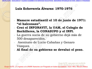 GRUPO GUTE: EXCELENCIA Y CALIDAD ACADÉMICA EN SERVICIOS EDUCATIVOS. ASESORÍAS INTEGRALES DE NIVEL BÁSICO A POSGRADO




                                                                                                 -
                   Luís Echeverría Álvarez: 1970-1976
                                                                                          x
               -   Masacre estudiantil el 10 de junio de 1971:                   . m
                   “el halconazo”.
                   Creó el INFONAVIT, la UAM, el Colegio de        om
               -
                   Bachilleres, la CONASUPO y el INPI.
                                                         .       c
               -
                   500 desaparecidos.
                                               u
                    Asesinato de Lucio Cabañas y Genaro
                                                       te
                   La guerra sucia de su gobierno dejó más de

               -
                   Vázquez.
                                            .g
               -
                                     w
                   Al final de su gobierno se devaluó el peso.

                               w
                    - w                                              Grupo GUTE: www.gute.com.mx;56-59-
                                                                     67-97 y 56-58-43-41 ¡Tu mejor opción
  Grupo GUTE: ¡Tu ingreso a la UNAM! Asesores con Posgrado en todas las materias. Autor: Mtro. Macario Matus
                                                                     educativa!
 