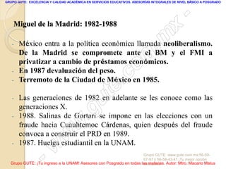 GRUPO GUTE: EXCELENCIA Y CALIDAD ACADÉMICA EN SERVICIOS EDUCATIVOS. ASESORÍAS INTEGRALES DE NIVEL BÁSICO A POSGRADO




                                                                                                 -
    Miguel de la Madrid: 1982-1988
                                                                                          x
   -   México entra a la política económica llamada neoliberalismo.
                                                                                 . m
       De la Madrid se compromete ante el BM y el FMI a
       privatizar a cambio de préstamos económicos.
                                                                   om
   -   En 1987 devaluación del peso.
       Terremoto de la Ciudad de México en 1985.         .       c
                                                       te
   -


   -
       generaciones X.
                                             g u
       Las generaciones de 1982 en adelante se les conoce como las

   -                                        .
       1988. Salinas de Gortari se impone en las elecciones con un
                                     w
       fraude hacia Cuauhtemoc Cárdenas, quien después del fraude

                               w
       convoca a construir el PRD en 1989.
   -


                    - w
       1987. Huelga estudiantil en la UNAM.
                                                                     Grupo GUTE: www.gute.com.mx;56-59-
                                                                     67-97 y 56-58-43-41 ¡Tu mejor opción
  Grupo GUTE: ¡Tu ingreso a la UNAM! Asesores con Posgrado en todas las materias. Autor: Mtro. Macario Matus
                                                                     educativa!
 
