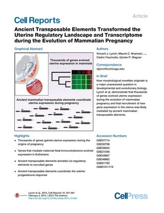 Article
Ancient Transposable Elements Transformed the
Uterine Regulatory Landscape and Transcriptome
during the Evolution of Mammalian Pregnancy
Graphical Abstract
Highlights
d Thousands of genes gained uterine expression during the
origins of pregnancy
d Genes that mediate maternal-fetal immunotolerance evolved
expression in Eutherians
d Ancient transposable elements donated cis-regulatory
elements to recruited genes
d Ancient transposable elements coordinate the uterine
progesterone response
Authors
Vincent J. Lynch, Mauris C. Nnamani, ...,
Ce´ dric Feschotte, Gu¨ nter P. Wagner
Correspondence
vjlynch@uchicago.edu
In Brief
How morphological novelties originate is
a major unanswered question in
developmental and evolutionary biology.
Lynch et al. demonstrate that thousands
of genes evolved uterine expression
during the evolution of mammalian
pregnancy and that recruitment of new
gene expression in the uterus was likely
mediated by ancient mammalian
transposable elements.
Accession Numbers
GSE57714
GSE30708
GSE29553
GSE21046
GSE43667
GSE48862
GSE61793
GSM1011119
Lynch et al., 2015, Cell Reports 10, 551–561
February 3, 2015 ª2015 The Authors
http://dx.doi.org/10.1016/j.celrep.2014.12.052
 