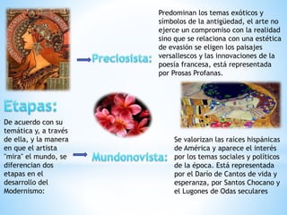 De acuerdo con su
temática y, a través
de ella, y la manera
en que el artista
"mira" el mundo, se
diferencian dos
etapas en el
desarrollo del
Modernismo:
Predominan los temas exóticos y
símbolos de la antigüedad, el arte no
ejerce un compromiso con la realidad
sino que se relaciona con una estética
de evasión se eligen los paisajes
versallescos y las innovaciones de la
poesía francesa, está representada
por Prosas Profanas.
Se valorizan las raíces hispánicas
de América y aparece el interés
por los temas sociales y políticos
de la época. Está representada
por el Darío de Cantos de vida y
esperanza, por Santos Chocano y
el Lugones de Odas seculares
 