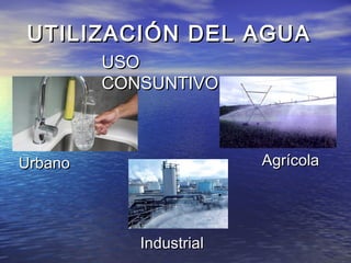 UTILIZACIÓN DEL AGUAUTILIZACIÓN DEL AGUA
USOUSO
CONSUNTIVOCONSUNTIVO
UrbanoUrbano
IndustrialIndustrial
AgrícolaAgrícola
 