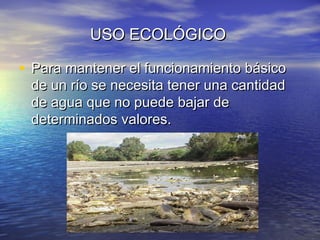 USO ECOLÓGICOUSO ECOLÓGICO
• Para mantener el funcionamiento básicoPara mantener el funcionamiento básico
de un río se necesita tener una cantidadde un río se necesita tener una cantidad
de agua que no puede bajar dede agua que no puede bajar de
determinados valores.determinados valores.
 