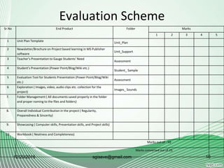 Evaluation Scheme
12/29/2015 10sgisave@gmail.com
Sr.No End Product Folder Marks
1 2 3 4 5
1 Unit Plan Template Unit_Plan
2 Newsletter/Brochure on Project based learning in MS Publisher
software
Unit_Support
3 Teacher’s Presentation to Gauge Students’ Need
Assessment
4 Student’s Presentation (Power Point/Blog/Wiki etc.)
Student_ Sample
5 Evaluation Tool for Students Presentation (Power Point/Blog/Wiki
etc.)
Assessment
6 Exploration ( Images, video, audio clips etc. collection for the
project)
Images_ Sounds
7. Folder Management ( All documents saved properly in the folder
and proper naming to the files and folders)
8. Overall Individual Contribution in the project ( Regularity,
Preparedness & Sincerity)
9. Showcasing ( Computer skills, Presentation skills, and Project skills)
10. Workbook ( Neatness and Completeness)
Marks out of - 50
Marks converted out of 25
 