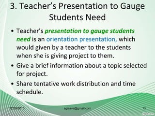 3. Teacher’s Presentation to Gauge
Students Need
• Teacher’s presentation to gauge students
need is an orientation presentation, which
would given by a teacher to the students
when she is giving project to them.
• Give a brief information about a topic selected
for project.
• Share tentative work distribution and time
schedule.
12/29/2015 13sgisave@gmail.com
 