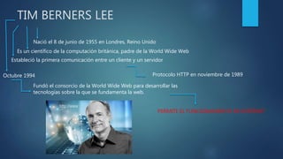 TIM BERNERS LEE
Nació el 8 de junio de 1955 en Londres, Reino Unido
Es un científico de la computación británica, padre de la World Wide Web
Estableció la primera comunicación entre un cliente y un servidor
Protocolo HTTP en noviembre de 1989Octubre 1994
Fundó el consorcio de la World Wide Web para desarrollar las
tecnologías sobre la que se fundamenta la web.
PERMITE EL FUNCIONAMIENTO DE INTERNET
 