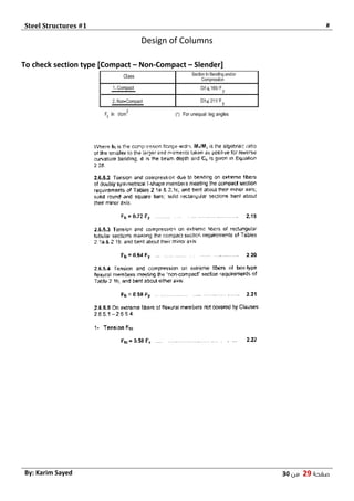 Steel Structures #1 #
‫صفحة‬29‫من‬03By: Karim Sayed
Design of Columns
To check section type [Compact – Non-Compact – Slender]
 