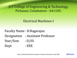 Storey: Electrical & Electronic Systems © Pearson Education Limited 2004 OHT 23.‹#›
JCT College of Engineering & Technology,
Pichanur, Coimbatore - 641105.
Electrical Machines-I
Faculty Name : D.Nagarajan
Designation : Assistant Professor
Year/Sem : II/III
Dept : EEE
 
