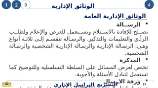 13
‫التشريع‬
‫اإلداري‬ ‫التراسل‬

‫الرســالة‬
‫ب‬ii‫ولطل‬ ‫واإلعالم‬ ‫للعرض‬ ‫تعمل‬ii‫وتس‬ ‫تالم‬ii‫باالس‬ ‫لإلفادة‬ ‫لح‬ii‫تص‬
‫أنواع‬ ‫ة‬i‫ثالث‬ ‫ى‬i‫إل‬ ‫م‬i‫تنقس‬ ‫الة‬i‫والرس‬ .‫والتذكير‬ ‫والتعليمات‬ ‫ي‬i‫الرأ‬
‫الة‬i‫والرس‬ ‫ية‬i‫الشخص‬ ‫ة‬i‫اإلداري‬ ‫الة‬i‫والرس‬ ‫ة‬i‫اإلداري‬ ‫الة‬i‫الرس‬ :‫ي‬i‫وه‬
.‫الشخصية‬

‫المذكرة‬
‫ا‬i
‫م‬‫ك‬ ‫وللتوضيح‬ ‫التسلسلية‬ ‫لطة‬i
‫س‬‫ال‬ ‫ى‬i
‫ل‬‫ع‬ ‫المسائل‬ ‫لعرض‬ ‫تختص‬
‫واألجوبة‬ ‫األسئلة‬ ‫لتبادل‬ ‫تستعمل‬
.

‫االرسال‬ ‫ورقة‬
‫العامة‬ ‫اإلدارية‬ ‫الوثائق‬
‫ؤ‬
1 2 3 4
‫اإلدارية‬ ‫الوثائق‬
 