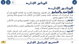 
‫البالغ‬
:
‫أو‬ ‫بر‬i
‫خ‬‫ب‬ ‫للبليغ‬ ‫ة‬i
‫ج‬‫الحا‬ ‫عند‬ ‫اإلدارة‬ ‫وتستعمله‬ .‫العموم‬ ‫إلى‬ ‫بر‬i
‫خ‬‫ال‬ ‫ل‬i
‫ق‬‫لن‬ ‫يستعمل‬
‫ص‬i‫ويخت‬ ‫مجاال‬ ‫ع‬i‫أوس‬ ‫ه‬i‫بأن‬ ‫اإلعالن‬ ‫ن‬i‫ع‬ ‫البالغ‬ ‫ز‬i‫ويتمي‬ .i
‫ة‬‫عام‬ ‫لحة‬i‫مص‬ ‫ذات‬ ‫إجراء‬ ‫و‬i‫أ‬ ‫قرار‬
.‫واسع‬ ‫بجمهور‬ ‫عامة‬ ‫بصفة‬

‫اإلعالن‬
:
‫ن‬i‫األماك‬ ‫ي‬i‫ف‬ ‫ق‬i‫ويعل‬ ‫للعموم‬ ‫ت‬i‫مؤق‬ ‫بر‬i‫بخ‬ ‫غ‬i‫للتبلي‬ ‫اسا‬i‫أس‬ ‫اإلدارة‬ ‫تعمله‬i‫تس‬
‫العموم‬ ‫طرف‬ ‫من‬ ‫عليه‬ ‫االطالع‬ ‫قصد‬ ‫الغرض‬ ‫لهذا‬ ‫المخصصة‬
.

:‫تدعاء‬k
‫س‬‫اال‬
‫م‬i
‫ي‬‫التنظ‬ ‫الح‬i
‫ص‬‫م‬ ‫ض‬i
‫ع‬‫لب‬ ‫والموظفون‬ ‫ة‬i
‫ي‬‫اإلدار‬ ‫الوحدات‬ ‫ا‬i
‫ه‬‫توجه‬ ‫ي‬i
‫ت‬‫ال‬ ‫ة‬i
‫ق‬‫الوثي‬
.‫معينة‬ ‫اجتماعات‬ ‫لحضور‬ ‫خارجية‬ ‫جهات‬ ‫أو‬ ‫اإلداري‬

: ‫الدعوة‬
‫بأفراد‬ ،‫فل‬i‫أس‬ ‫ى‬i‫ال‬ ‫ى‬i‫أعل‬ ‫ن‬i‫م‬ ‫و‬i‫أ‬ ‫ى‬i
i‫أعل‬ ‫ى‬i‫ال‬ ‫فل‬i‫أس‬ ‫ن‬i‫م‬ ‫ال‬i‫لالتص‬ ‫يلة‬i‫وس‬
‫بات‬ii‫المناس‬ ‫احدى‬ ‫يم‬ii‫مراس‬ ‫لحضور‬ ‫تدعائهم‬ii‫اس‬ ‫بغرض‬ ‫بالعموم‬ ‫و‬ii‫أ‬ ‫اإلداري‬ ‫م‬ii‫التنظي‬
‫بة‬i‫بمناس‬ ‫تقام‬ ‫ي‬i‫الت‬ ‫الحفالت‬ ‫و‬i‫أ‬ ،‫األشخاص‬ ‫م‬i‫تكري‬ ‫و‬i‫أ‬ ‫ن‬i‫التدشي‬ ‫حفالت‬ ‫ل‬i‫مث‬ ،‫مية‬i‫الرس‬
.‫الدينية‬ ‫و‬iiiiiiiiiiiiiiiiiiiiiiiiii‫أ‬ ‫ة‬iiiiiiiiiiiiiiiiiiiiiiiiii‫الوطني‬ ‫األعياد‬ ‫ض‬iiiiiiiiiiiiiiiiiiiiiiiiii‫بع‬
‫اإلداري‬ ‫التراسل‬ 14
‫التشريع‬
‫ة‬kk‫اإلداري‬ ‫ق‬kk‫الوثائ‬
‫بالتبليغ‬ ‫الخاصة‬
1 2 3 4
‫اإلدارية‬ ‫الوثائق‬
 