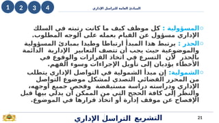‫اإلداري‬ ‫للتراسل‬ ‫العامة‬ ‫المبادئ‬
o
: ‫المسؤولية‬
‫السلك‬ ‫في‬ ‫رتبته‬ ‫كانت‬ ‫ما‬ ‫كيف‬ ‫موظف‬ ‫كل‬
‫المطلوب‬ ‫الوجه‬ ‫على‬ ‫بعمله‬ ‫القيام‬ ‫عن‬ ‫مسؤول‬ ‫اإلداري‬
.
o
: ‫الحذر‬
‫المسؤولية‬ ‫بمبادئ‬ ‫وطيدا‬ ‫ارتباطا‬ ‫المبدأ‬ ‫هذا‬ ‫يرتبط‬
‫الدائمة‬ ‫اإلدارية‬ ‫التعابير‬ ‫تتصف‬ ‫أن‬ ‫يجب‬ ‫حيث‬ ‫والموضوعية‬
‫في‬ ‫والوقوع‬ ‫القرارات‬ ‫اتخاذ‬ ‫في‬ ‫التسرع‬ ‫ألن‬ ‫بالحذر‬
.‫الفهم‬ ‫وسوء‬ ‫اإلجراءات‬ ‫تأويل‬ ‫إلى‬ ‫يؤديان‬ ‫األخطاء‬
o
:‫الشمولية‬
‫يتطلب‬ ‫اإلداري‬ ‫التواصل‬ ‫في‬ ‫الشمولية‬ ‫مبدأ‬ ‫إن‬
‫التواصل‬ ‫موضوع‬ ‫لمشكل‬ ‫التصدي‬ ‫القضائي‬ ‫المحرر‬ ‫من‬
،‫أوجهه‬ ‫جميع‬ ‫وفحص‬ ‫مستيقضة‬ ‫دراسة‬ ‫ودراسته‬ ‫اإلداري‬
‫قبل‬ ‫بيها‬ ‫يدلي‬ ‫أن‬ ‫الممكن‬ ‫من‬ ‫التي‬ ‫الحجج‬ ‫كافة‬ ‫إلى‬ ‫والنظر‬
.‫الموضوع‬ ‫في‬ ‫قرارها‬ ‫اتخاذ‬ ‫أو‬ ‫إدارة‬ ‫موقف‬ ‫عن‬ ‫اإلفصاح‬
21
‫اإلداري‬ ‫التراسل‬ ‫التشريع‬
1 4
2 3
 