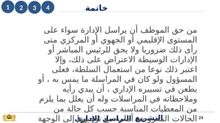 24
‫خاتمة‬
‫اإلداري‬ ‫التراسل‬ ‫التشريع‬
‫على‬ ‫سواء‬ ‫اإلدارة‬ ‫يراسل‬ ‫أن‬ ‫الموظف‬ ‫حق‬ ‫من‬
‫متى‬ ‫المركزي‬ ‫أو‬ ‫الجهوي‬ ‫أو‬ ‫اإلقليمي‬ ‫المستوى‬
‫أو‬ ‫المباشر‬ ‫للرئيس‬ ‫يحق‬ ‫وال‬ ‫ضروريا‬ ‫ذلك‬ ‫رأى‬
‫وإال‬ ،‫ذلك‬ ‫على‬ ‫االعتراض‬ ‫الوسيطة‬ ‫اإلدارات‬
‫فعلى‬ ،‫السلطة‬ ‫استعمال‬ ‫من‬ ‫نوعا‬ ‫ذلك‬ ‫اعتبر‬
‫أو‬ ، ‫به‬ ‫يمس‬ ‫ما‬ ‫المراسلة‬ ‫في‬ ‫كان‬ ‫ولو‬ ‫المسؤول‬
‫رأيه‬ ‫يبدي‬ ‫أن‬ ، ‫اإلداري‬ ‫تسييره‬ ‫في‬ ‫يطعن‬
‫يلزم‬ ‫بما‬ ‫يعلل‬ ‫أن‬ ‫وله‬ ‫المراسالت‬ ‫في‬ ‫ومالحظاته‬
‫من‬ ‫حالة‬ ‫كل‬ ‫حسب‬ ‫المناسبة‬ ‫المعطيات‬ ‫من‬
‫الوجهة‬ ‫إلى‬ ‫توجيهها‬ ‫مع‬ ‫أمامه‬ ‫المعروضة‬ ‫الحاالت‬
1 4
2 3
 