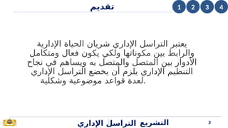 ‫اإلدارية‬ ‫الحياة‬ ‫شريان‬ ‫اإلداري‬ ‫التراسل‬ ‫يعتبر‬
‫ومتكامل‬ ‫فعال‬ ‫يكون‬ ‫ولكي‬ ‫مكوناتها‬ ‫بين‬ ‫والرابط‬
‫نجاح‬ ‫في‬ ‫ويساهم‬ ‫به‬ ‫والمتصل‬ ‫المتصل‬ ‫بين‬ ‫األدوار‬
‫اإلداري‬ ‫التراسل‬ ‫يخضع‬ ‫أن‬ ‫يلزم‬ ‫اإلداري‬ ‫التنظيم‬
‫وشكلية‬ ‫موضوعية‬ ‫قواعد‬ ‫لعدة‬.
3
3
3
1 2 4
‫تقديم‬
‫اإلداري‬ ‫التراسل‬ ‫التشريع‬
 