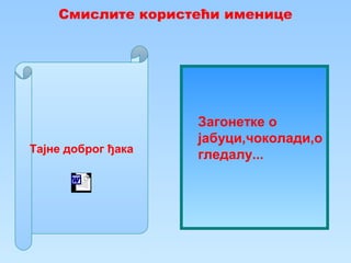 Смислите користећи именице
Тајне доброг ђака
Загонетке о
јабуци,чоколади,о
гледалу...
 