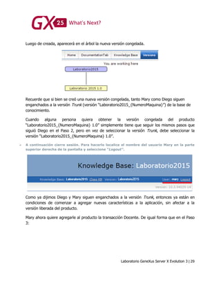 Laboratorio GeneXus Server X Evolution 3 | 29
Luego de creada, aparecerá en el árbol la nueva versión congelada.
Recuerde que si bien se creó una nueva versión congelada, tanto Mary como Diego siguen
enganchados a la versión Trunk (versión “Laboratorio2015_{NumeroMaquina}”) de la base de
conocimiento.
Cuando alguna persona quiera obtener la versión congelada del producto
“Laboratorio2015_{NumeroMaquina} 1.0” simplemente tiene que seguir los mismos pasos que
siguió Diego en el Paso 2, pero en vez de seleccionar la versión Trunk, debe seleccionar la
versión “Laboratorio2015_{NumeroMaquina} 1.0”.
 A continuación cierre sesión. Para hacerlo localice el nombre del usuario Mary en la parte
superior derecha de la pantalla y seleccione “Logout”.
Como ya dijimos Diego y Mary siguen enganchados a la versión Trunk, entonces ya están en
condiciones de comenzar a agregar nuevas características a la aplicación, sin afectar a la
versión liberada del producto.
Mary ahora quiere agregarle al producto la transacción Docente. De igual forma que en el Paso
3:
 
