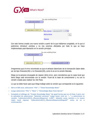 Laboratorio GeneXus Server X Evolution 3 | 31
Con esto hemos creado una nueva versión a partir de la que habíamos congelado, en la que sí
podremos introducir cambios y no nos veremos afectados por todo lo que se haya
implementado post-liberación en la versión principal.
Imaginemos que el error encontrado es que el atributo SalonColor de la transacción Salon debe
ser de tipo Character(40) y no Character(20), como lo es en la versión liberada.
Diego es la persona encargada de reparar dicho error, pero recordemos que la copia local que
tiene Diego está sincronizada con la versión Trunk de la base de conocimiento y no con la
versión creada para realizar los Hot Fixes.
Lo que se debe hacer para que Diego trabaje sobre la versión que corresponde es lo siguiente:
 Abra el IDE azul, seleccione “File” / “Close Knowledge Base”
 Luego seleccione “File” / “New” / “Knowledge Base from Server”
 Complete el diálogo de “Create Knowledge Base” de igual forma que en el Paso 2 pero con
la salvedad de seleccionar “Selected versions” luego hacer click en “…” y seleccionar la
versión “Laboratorio2015_{NumeroMaquina} 1.0HF”. Además como nombre a la nueva
copia local ingrese “Laboratorio2015_{NumeroMaquina}DiegoHF” como se ve a
continuación:
 