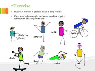 Exercise
• Involve 45 minutes of physical active in daily routine
• If you want to loose weight you have to combine physical
activity with a healthy low fat diet.
climb the
stairs
stretch
walk cycle
skate
swim
Run
skip
 