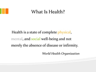 What Is Health?
Health is a state of complete physical,
mental, and social well-being and not
merely the absence of disease or infirmity.
World Health Organization
 