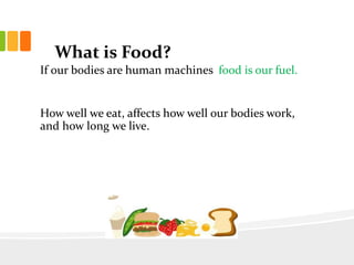 What is Food?
If our bodies are human machines food is our fuel.
How well we eat, affects how well our bodies work,
and how long we live.
 