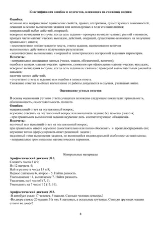 Классификация ошибок и недочетов, влияющих на снижение оценки
Ошибки:
незнание или неправильное применение свойств, правил, алгоритмов, существующих зависимостей,
лежащих в основе выполнения задания или используемых в ходе его выполнения;
неправильный выбор действий, операций;
неверные вычисления в случае, когда цель задания - проверка вычисли тельных умений и навыков;
пропуск части математических выкладок, действий, операций, существенно влияющих на получение
правильного ответа;
- несоответствие пояснительного текста, ответа задания, наименования величин
выполненным действиям и полученным результатам:
- несоответствие выполненных измерений и геометрических построений заданным параметрам.
Недочеты:
- неправильное списывание данных (чисел, знаков, обозначений, величин);
ошибки в записях математических терминов, символов при оформлении математических выкладок;
неверные вычисления в случае, когда цель задания не связана с проверкой вычислительных умений и
навыков;
наличие записи действий;
- отсутствие ответа к заданию или ошибки в записи ответа.
Снижение отметки за общее впечатление от работы допускается в случаях, указанных выше.
Оценивание устных ответов
В основу оценивания устного ответа учащихся положены следующие показатели: правильность,
обоснованность, самостоятельность, полнота.
Ошибки:
неправильный ответ на поставленный вопрос;
неумение ответить на поставленный вопрос или выполнить задание без помощи учителя;
- при правильном выполнении задания неумение дать соответствующие объяснения.
Недочеты:
неточный или неполный ответ на поставленный вопрос;
при правильном ответе неумение самостоятельно или полно обосновать и проиллюстрировать его;
неумение точно сформулировать ответ решенной задачи ;
медленный темп выполнения задания, не являющийся индивидуальной особенностью школьника;
- неправильное произношение математических терминов.

Контрольные материалы
Арифметический диктант №1.
Сложить числа 8 и 9;
Из 12 вычесть 4;
Найти разность чисел 15 и 8;
Первое слагаемое 6, второе – 5. Найти разность.
Уменьшаемое 14, вычитаемое 7. Найти разность.
Увеличить на 6 число5 (7, 9).
Уменьшить на 7 число 12 (15, 16).
Арифметический диктант №2.
-В автобусе ехало 17 человек. 5 вышли. Сколько человек осталось?
-Во дворе стояло 20 машин. Из них 8 легковых, а остальные грузовые. Сколько грузовых машин
стояло во дворе?
8

 