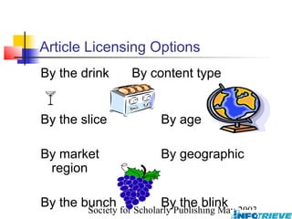 Article Licensing Options
By the drink       By content type


By the slice             By age

By market                By geographic
 region

By the bunch for Scholarly Publishing May 2003
        Society
                       By the blink
 