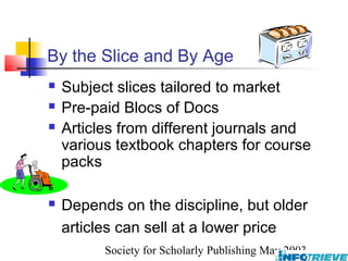 By the Slice and By Age
   Subject slices tailored to market
   Pre-paid Blocs of Docs
   Articles from different journals and
    various textbook chapters for course
    packs

   Depends on the discipline, but older
    articles can sell at a lower price
          Society for Scholarly Publishing May 2003
 