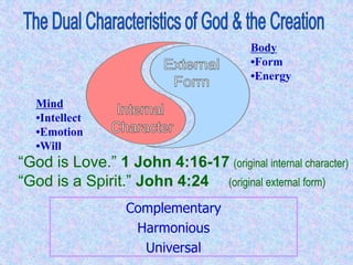 CreatorCreationParentChildWhy a Pair System? Love Requires an ObjectObject PartnerGod as SubjectThe nature of God:					       “Our Father, which art in Heaven”    Matthew 6:9      “Ye are the children of the Lord your God”   Deut. 14:1