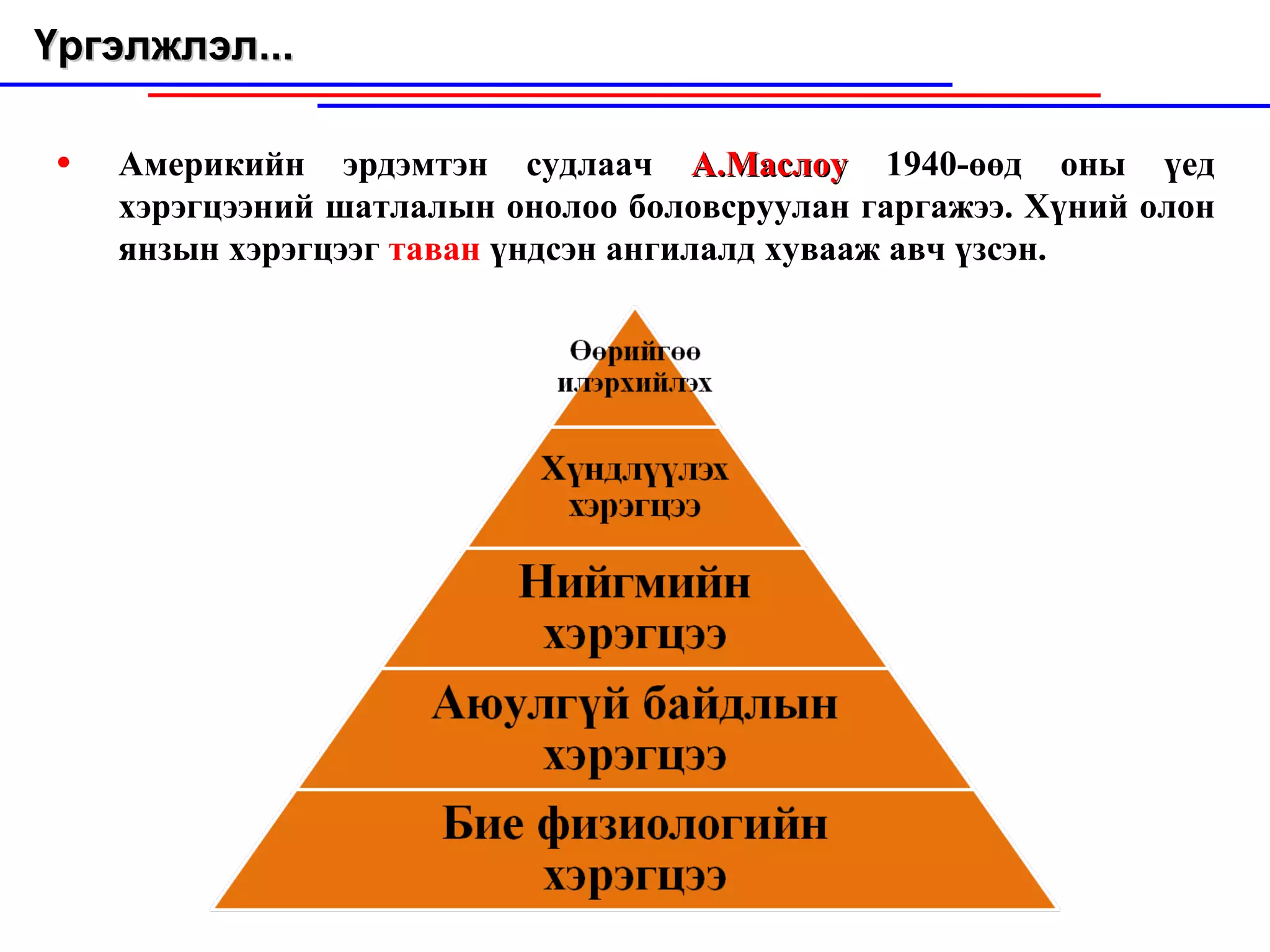 Үргэлжлэл...  Америкийн эрдэмтэн судлаач  А.Маслоу  1940-өөд оны үед хэрэгцээн и й шатлалын онолоо боловсруулан гаргажээ. Хүний олон янзын хэрэгцээг  таван  үндсэн ангилалд хувааж авч үзсэн. 