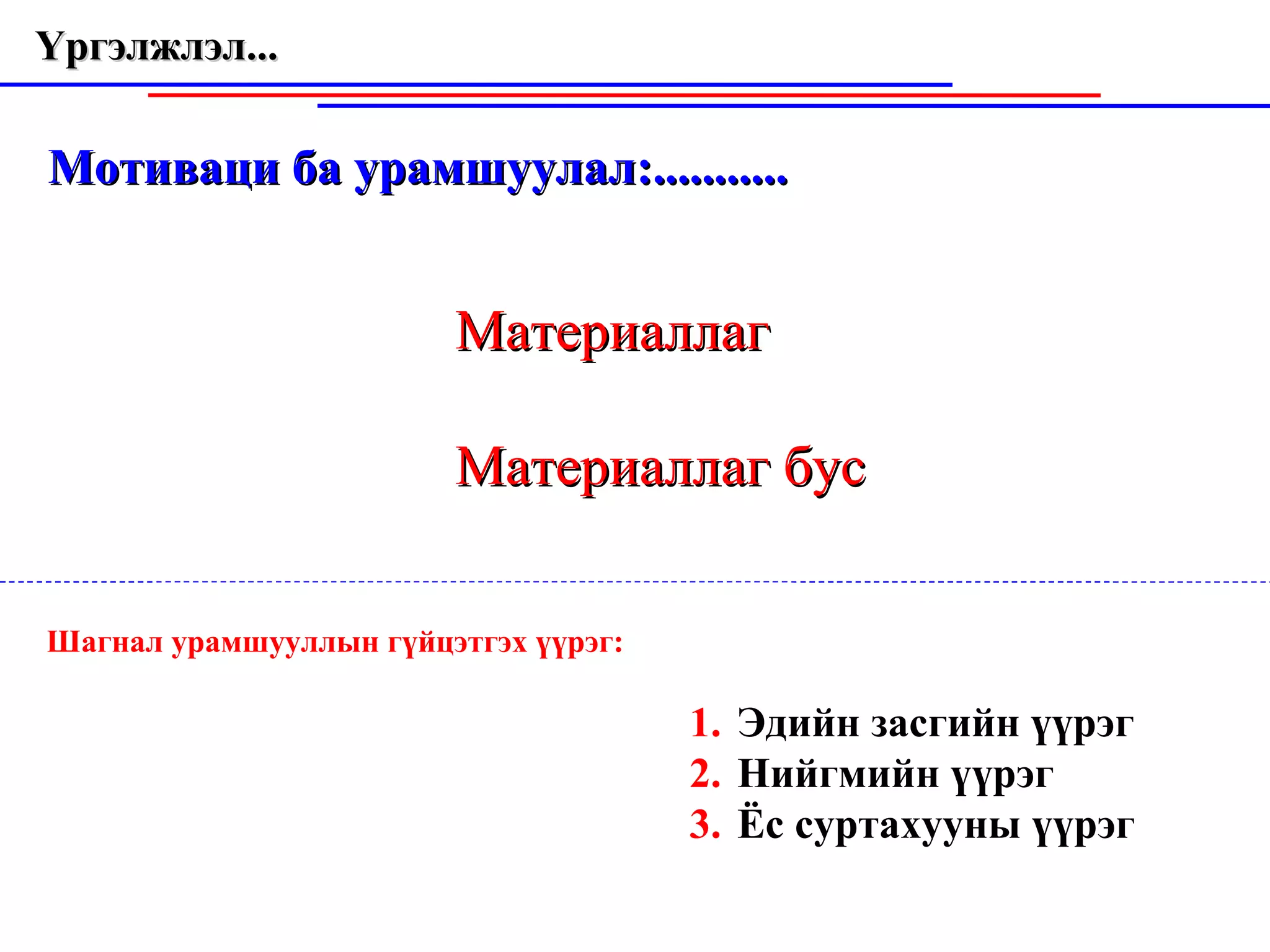 Үргэлжлэл...  Мотиваци ба урамшуулал:........... Материаллаг  Материаллаг бус Шагнал урамшууллын гүйцэтгэх үүрэг: Эдийн засгийн үүрэг Нийгмийн үүрэг Ёс суртахууны үүрэг 