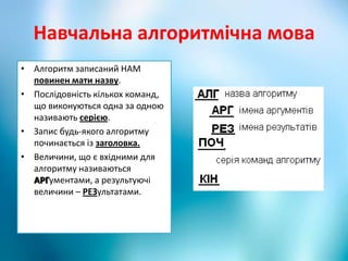 Навчальна алгоритмічна мова
• Алгоритм записаний НАМ
повинен мати назву.
• Послідовність кількох команд,
що виконуються одна за одною
називають серією.
• Запис будь-якого алгоритму
починається із заголовка.
• Величини, що є вхідними для
алгоритму називаються
АРГументами, а результуючі
величини – РЕЗультатами.
 