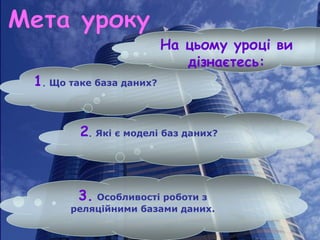1. Що таке база даних?

На цьому уроці ви
дізнаєтесь:

2. Які є моделі баз даних?

3. Особливості роботи з

реляційними базами даних.

 