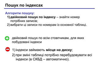 Пошук по індексах
Алгоритм пошуку:
1) двійковий пошук по індексу – знайти номер
потрібних записів;
2) вибрати ці записи по номерам із основної таблиці.

двійковий пошук по всім стовпчикам, для яких
побудовані індекси

1) індекси займають місце на диску;
2) при зміні таблиці потрібно перебудовувати всі
індекси (в СКБД – автоматично).

 